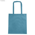 A powder blue non-woven tote bag with long handles and a gusset, featuring a logo.