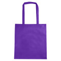 A purple non-woven tote bag with long handles and a V gusset, featuring a logo.