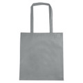 A grey non-woven tote bag with a V gusset and long handles, featuring a simple logo.