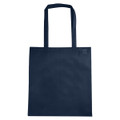A navy non-woven tote bag with a V gusset and dual handles, featuring a logo.