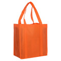 An orange non-woven shopping bag with sturdy handles and a rectangular shape. Features a logo.