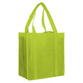 A bright green non-woven shopping bag with two handles and a simple design. It features a logo on one side.