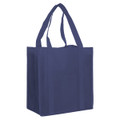 A navy blue non-woven shopping bag with sturdy handles and a simple design. It includes a logo.