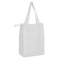 A white non-woven cooler bag with a top zip closure and sturdy handles, featuring a blank design.