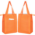 An orange non-woven cooler bag with top zip closure and handles, featuring a pocket on one side and a logo.