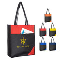 A reusable non-woven bag featuring a mix of red, black, and other vibrant colours, with a logo and external pocket.