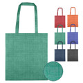 A green non-woven bag with two handles is displayed alongside bags in various colours. The texture is patterned with a subtle design.