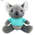 A plush koala toy in light blue, wearing a turquoise shirt, with large ears and a friendly expression.