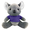 A plush koala toy with grey fur wearing a purple shirt, featuring large ears and a cute black nose.