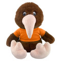 A brown kiwi plush toy wearing an orange t-shirt, with a pink beak and feet, featuring a friendly expression.
