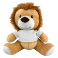 A plush lion toy with a brown mane and a white shirt, featuring a friendly smile and soft body.