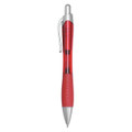 A red plastic pen with a silver clip and tip, featuring a textured grip. The pen has a logo.