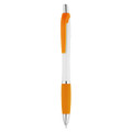 A plastic pen featuring a white body with an orange grip and clip, along with a chrome tip.