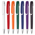 A collection of plastic pens in red, orange, green, blue, purple, brown, and white, each with a branding logo.