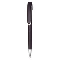 A plastic pen in a dark purple colour with a silver clip and a sleek design. Features a logo on the clip.