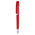 A red plastic pen with a sleek design and a clip, featuring branding on the barrel.