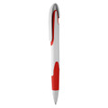 A plastic pen in white with red accents, featuring a clip and a logo.