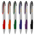 A set of plastic pens in red, orange, green, blue, purple, and black, each with a silver barrel and a logo.