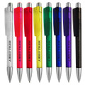 A collection of plastic pens in various colours: white, pink, yellow, green, blue, purple, and black, featuring a logo.