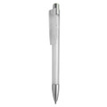 A transparent plastic pen with a silver clip and tip, featuring a simple design and a branding logo.