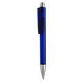 A blue plastic pen with a silver tip and a clip, featuring a branding logo.