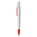 A plastic pen with a white body and red accents, featuring a clip and a logo.