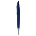 A blue metallic pen with a silver clip, featuring a sleek design and a logo.