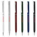 A set of six plastic pens in white, silver, burgundy, green, blue, and black, featuring a logo on each pen.