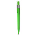 A green plastic pen with a silver clip and tip. It has a smooth finish and features a logo on the body.