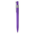 A purple plastic pen with a silver clip and a sleek design, featuring a branding logo.