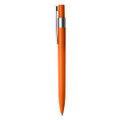 An orange plastic pen with a silver clip, featuring a sleek design and a logo on the barrel.