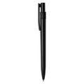 A sleek black plastic pen featuring a clip and a simple design, with a logo on the barrel.