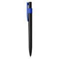 A plastic pen with a black barrel and a blue clip, featuring a logo on its side.