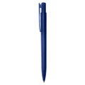 A blue plastic pen with a clip and a smooth design. It features a logo on the body.