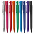 A collection of plastic pens in various colours: clear, red, pink, orange, green, blue, purple, and black. Each has a clip and a logo.
