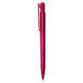 A pink plastic pen with a clip, featuring a smooth design and a logo on the barrel.