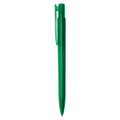 A green plastic pen featuring a clip and a smooth design, with a logo on its body.