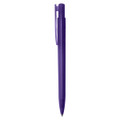 A purple plastic pen featuring a clip and a smooth design. It has a branding logo on the body.