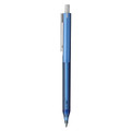 A blue plastic pen with a transparent barrel and a white clip. It has a logo on the side.