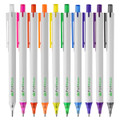 A collection of plastic pens in various colours with white barrels and a logo.