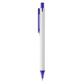 A plastic pen in white with a purple click mechanism and a clip. It features a branding logo.