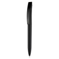 A black plastic pen with a sleek design and a clip, featuring a logo on the body.