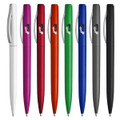 A range of plastic pens in white, purple, red, orange, green, blue, grey, and black, featuring a branding logo.