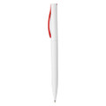 A white plastic pen with a red clip and a logo on the body.