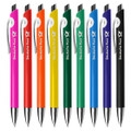A collection of plastic pens in pink, orange, yellow, green, blue, and purple, featuring a white grip and a logo.