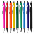 A collection of plastic pens in pink, orange, yellow, red, green, blue, and purple, each with a white grip and a logo.