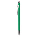 A green plastic pen with a silver clip and tip, featuring a simple design.