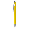 A yellow plastic pen with a silver clip and a sleek design. It features a logo on its body.