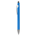 A blue plastic pen with a silver clip and a sleek design, featuring a logo on the body.