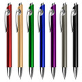 A collection of plastic pens in red, gold, green, blue, purple, grey, and black with silver accents.